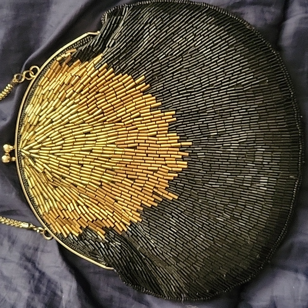 La Regale Beaded Black Gold Purse Bag Art Deco Peacock Style Chain Strap 18”